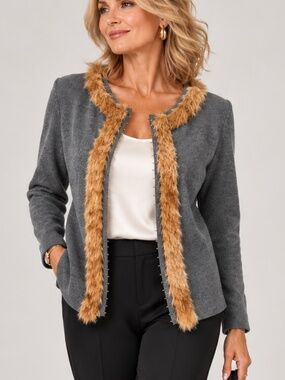 Chicos Womens Cardigan 0 Sz 4 Gray Brown Silk Blend Faux Fur Fall Beaded Office